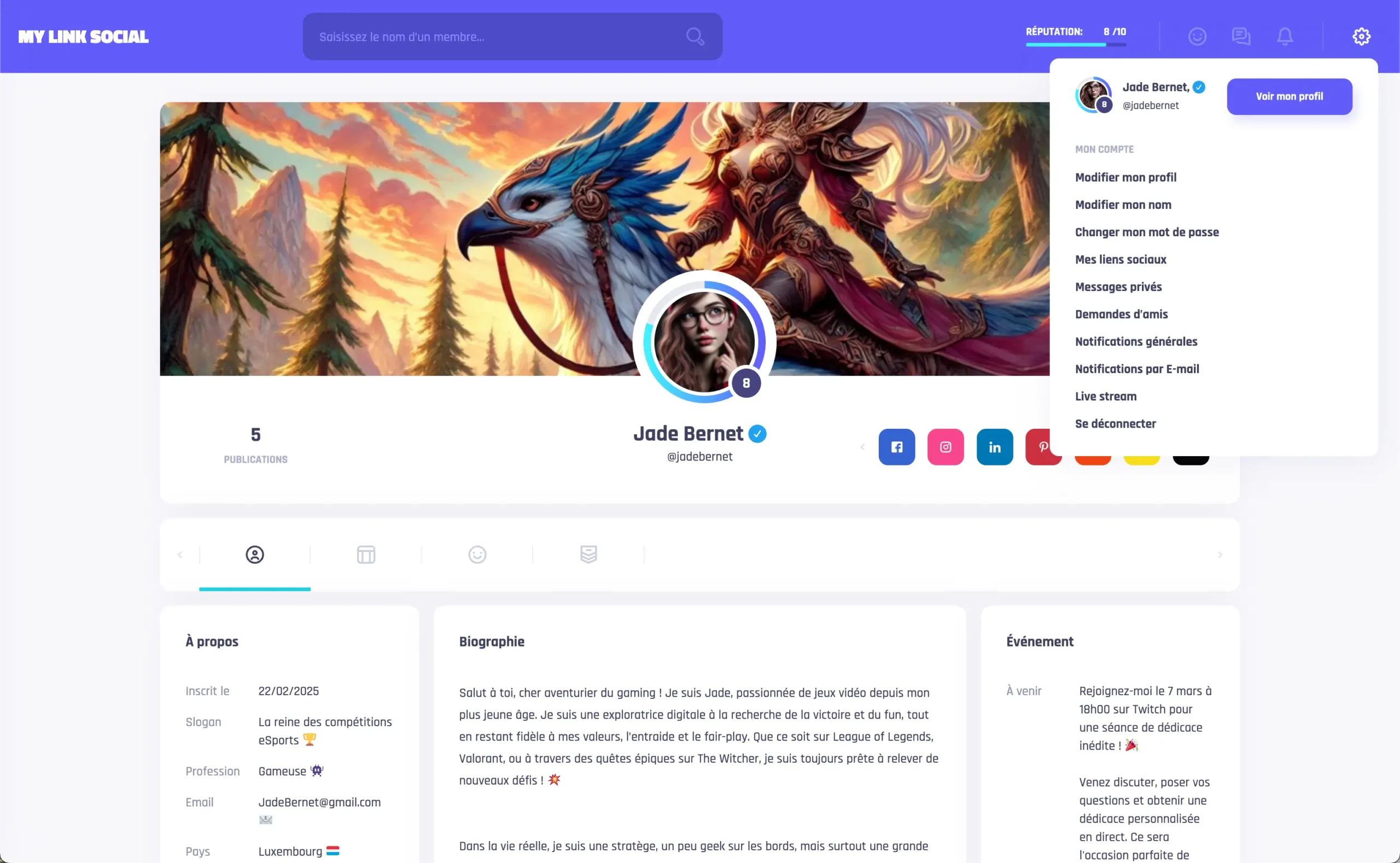 My Link Social menu navigation